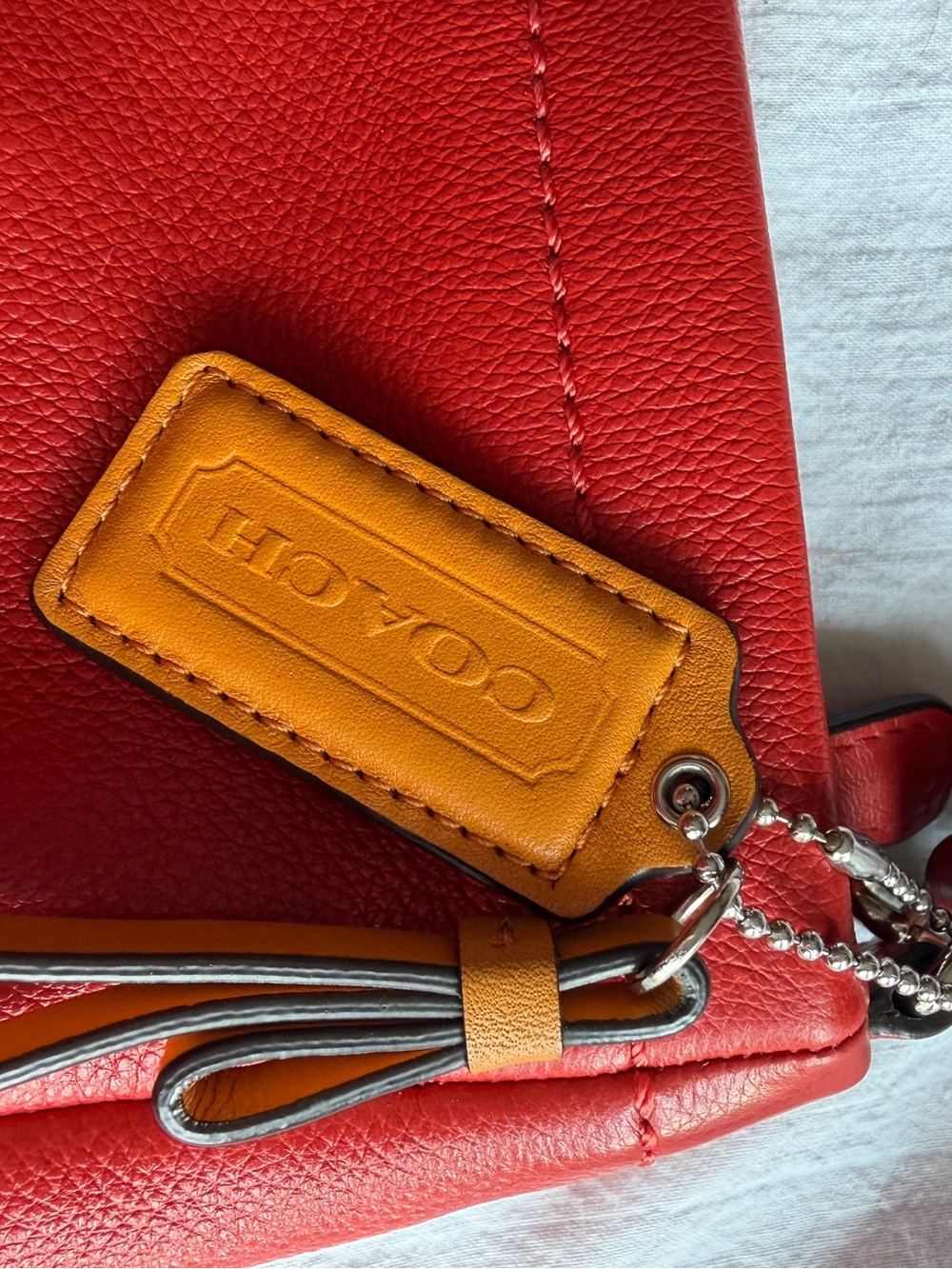 Coach Red Pebbled Leather Shoulder Bag with Tan Charm - Picture 4 of 8